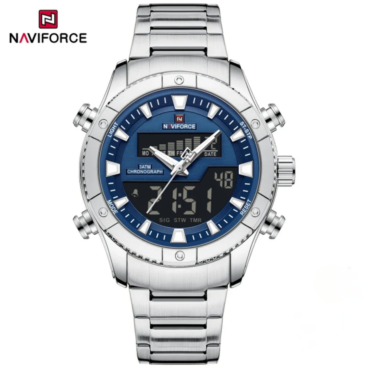Naviforce Reloj Analógico Digital Azul con Correa de Acero Inoxidable Diámetro de 44 mm y Resistencia al Agua 3 ATM