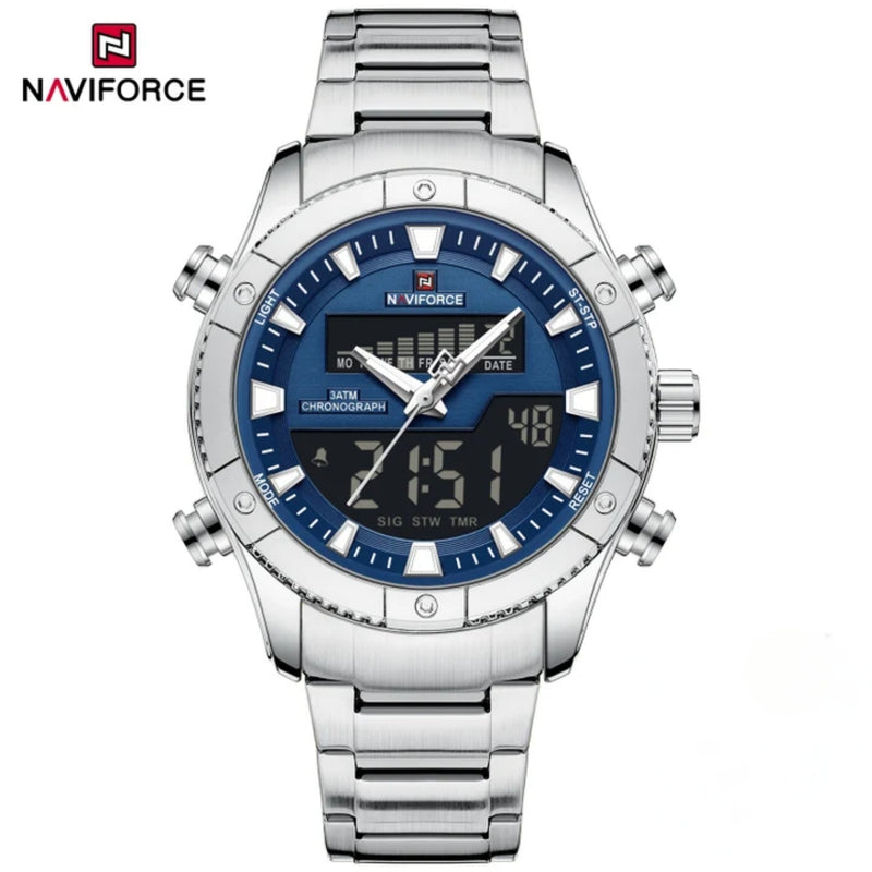 Naviforce Reloj Analógico Digital Azul con Correa de Acero Inoxidable Diámetro de 44 mm y Resistencia al Agua 3 ATM