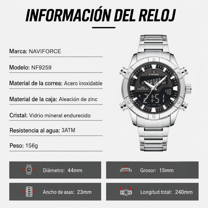 Naviforce Reloj Analógico Digital Negro con Correa de Acero Inoxidable Diámetro de 44 mm y Resistencia al Agua 3 ATM