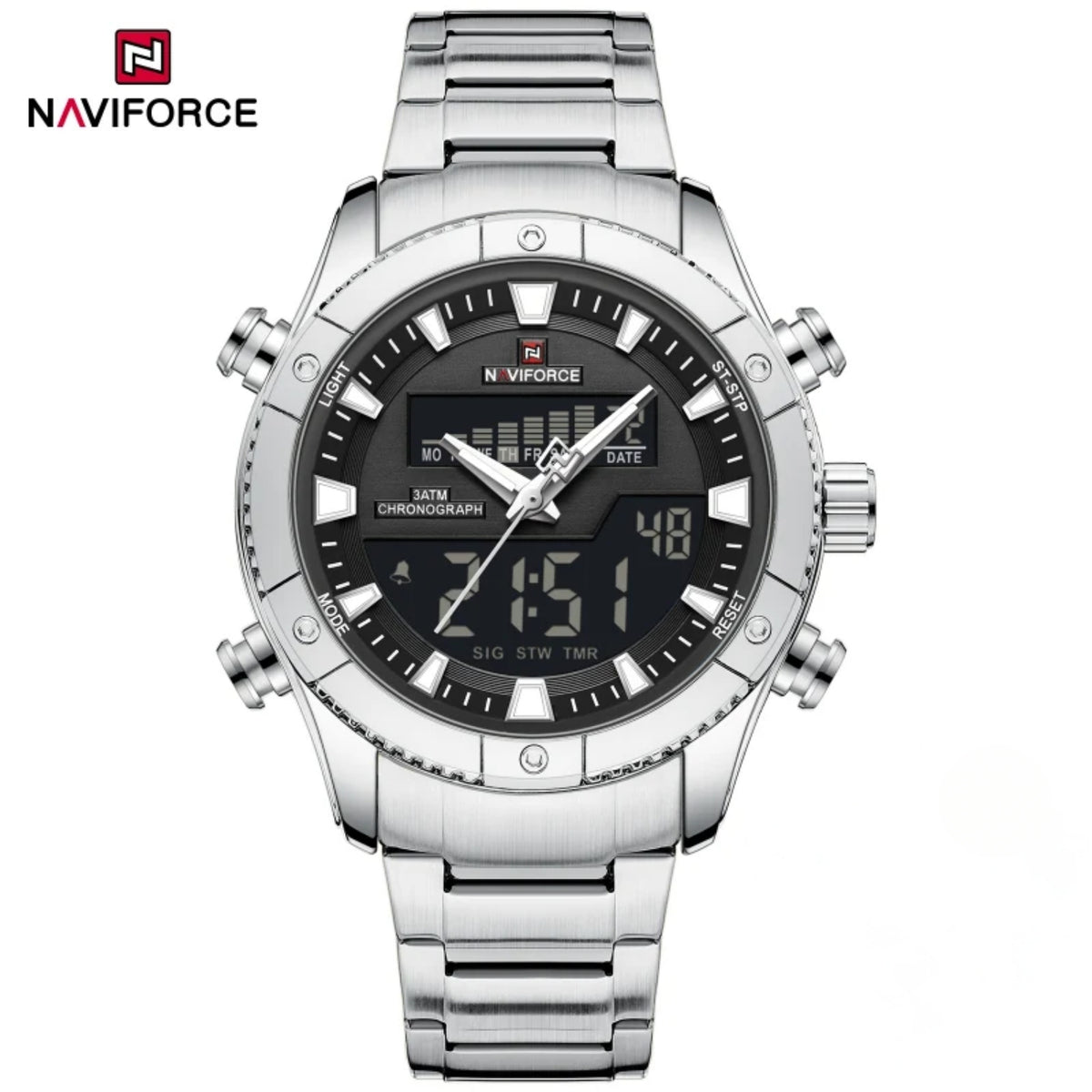 Naviforce Reloj Analógico Digital Negro con Correa de Acero Inoxidable Diámetro de 44 mm y Resistencia al Agua 3 ATM