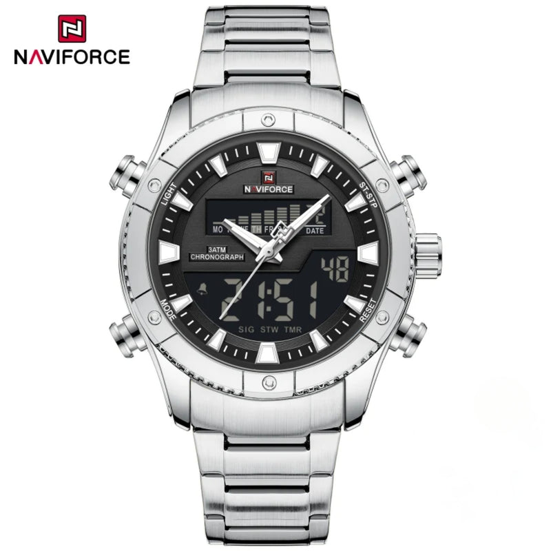 Naviforce Reloj Analógico Digital Negro con Correa de Acero Inoxidable Diámetro de 44 mm y Resistencia al Agua 3 ATM