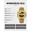 Naviforce Reloj Analógico Digital Dorado con Correa de Cuero Genuino Marrón, Diámetro de 45 mm y Resistencia al Agua 3 ATM