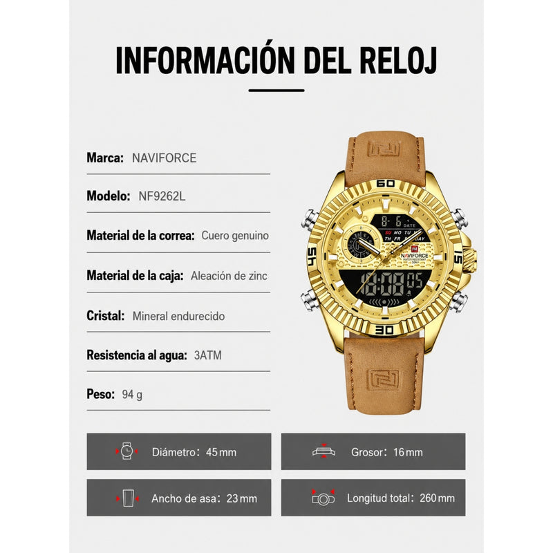 Naviforce Reloj Analógico Digital Dorado con Correa de Cuero Genuino Marrón, Diámetro de 45 mm y Resistencia al Agua 3 ATM