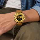 Naviforce Reloj Analógico Digital Dorado con Correa de Cuero Genuino Marrón, Diámetro de 45 mm y Resistencia al Agua 3 ATM