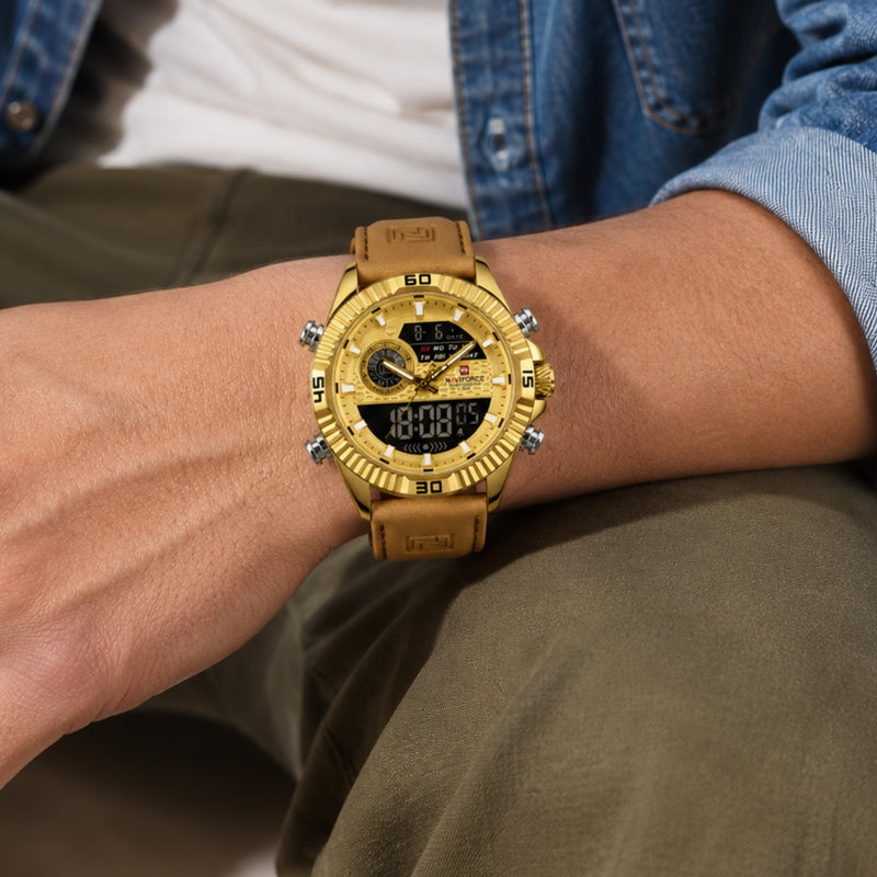 Naviforce Reloj Analógico Digital Dorado con Correa de Cuero Genuino Marrón, Diámetro de 45 mm y Resistencia al Agua 3 ATM
