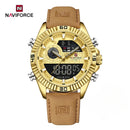 Naviforce Reloj Analógico Digital Dorado con Correa de Cuero Genuino Marrón, Diámetro de 45 mm y Resistencia al Agua 3 ATM