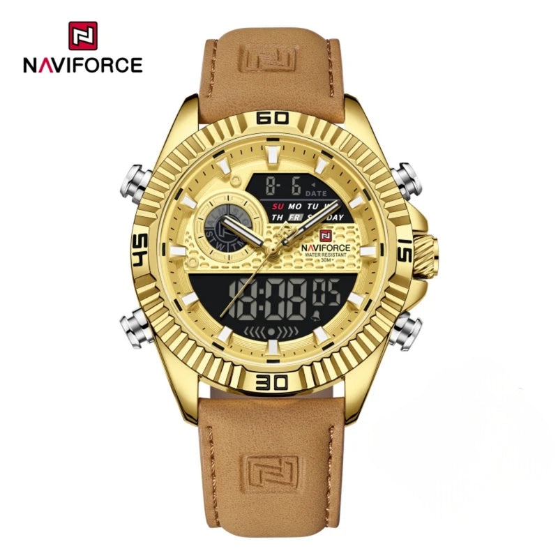 Naviforce Reloj Analógico Digital Dorado con Correa de Cuero Genuino Marrón, Diámetro de 45 mm y Resistencia al Agua 3 ATM