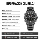 Naviforce Reloj Analógico Digital Negro con Pantalla LCD, Correa de Acero Inoxidable, Diámetro de 45 mm, Calendario y Resistencia al Agua 3 ATM.