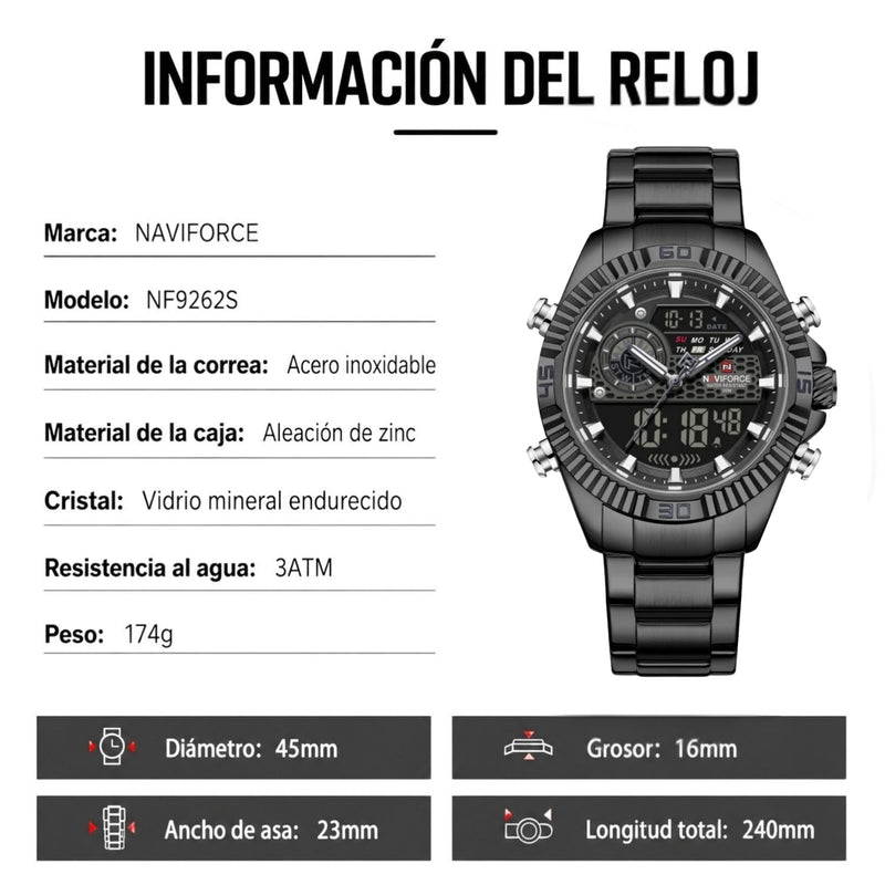 Naviforce Reloj Analógico Digital Negro con Pantalla LCD, Correa de Acero Inoxidable, Diámetro de 45 mm, Calendario y Resistencia al Agua 3 ATM.