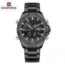 Naviforce Reloj Analógico Digital Negro con Pantalla LCD, Correa de Acero Inoxidable, Diámetro de 45 mm, Calendario y Resistencia al Agua 3 ATM.
