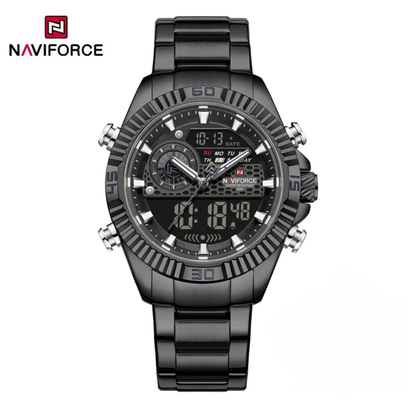 Naviforce Reloj Analógico Digital Negro con Pantalla LCD, Correa de Acero Inoxidable, Diámetro de 45 mm, Calendario y Resistencia al Agua 3 ATM.