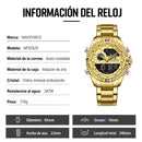 Naviforce Reloj Analógico Digital Dorado con Pantalla LCD, Correa de Acero Inoxidable, Diámetro de 45 mm, Calendario y Resistencia al Agua 3 ATM.