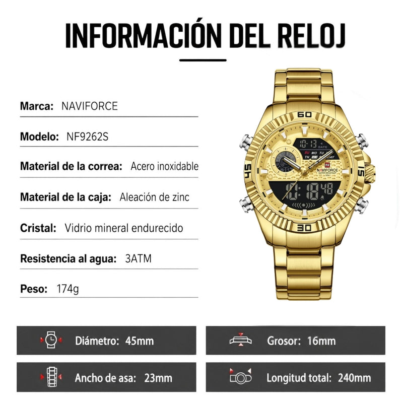 Naviforce Reloj Analógico Digital Dorado con Pantalla LCD, Correa de Acero Inoxidable, Diámetro de 45 mm, Calendario y Resistencia al Agua 3 ATM.