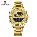 Naviforce Reloj Analógico Digital Dorado con Pantalla LCD, Correa de Acero Inoxidable, Diámetro de 45 mm, Calendario y Resistencia al Agua 3 ATM.