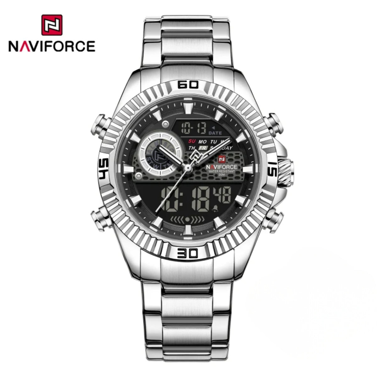 Naviforce Reloj Analógico Digital Negro con Pantalla LCD, Correa de Acero Inoxidable, Diámetro de 45 mm, Calendario y Resistencia al Agua 3 ATM.