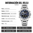 Naviforce Reloj Analógico Digital Azul Plateado con Pantalla LCD, Correa de Acero Inoxidable, Diámetro de 45 mm, Calendario y Resistencia al Agua 3 ATM.