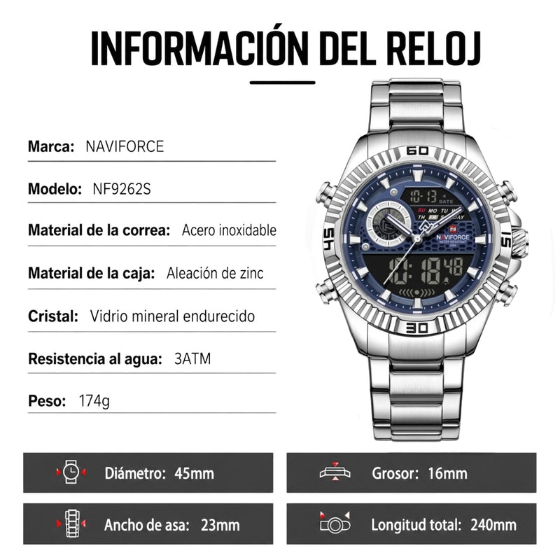 Naviforce Reloj Analógico Digital Azul Plateado con Pantalla LCD, Correa de Acero Inoxidable, Diámetro de 45 mm, Calendario y Resistencia al Agua 3 ATM.