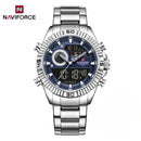 Naviforce Reloj Analógico Digital Azul Plateado con Pantalla LCD, Correa de Acero Inoxidable, Diámetro de 45 mm, Calendario y Resistencia al Agua 3 ATM.