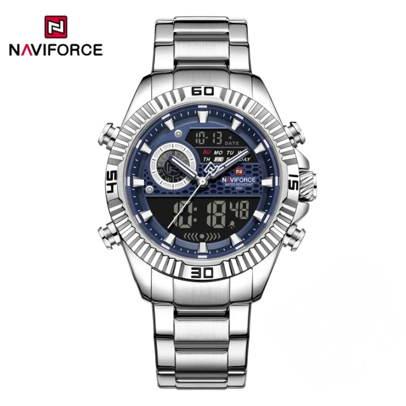 Naviforce Reloj Analógico Digital Azul Plateado con Pantalla LCD, Correa de Acero Inoxidable, Diámetro de 45 mm, Calendario y Resistencia al Agua 3 ATM.