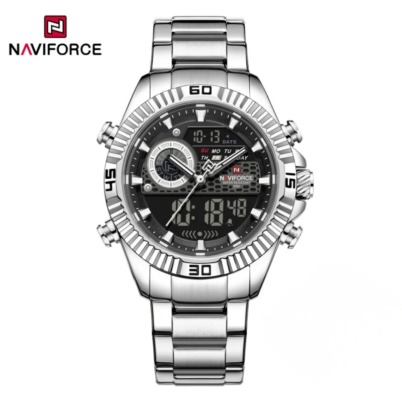 Naviforce Reloj Analógico Digital Negro con Pantalla LCD, Correa de Acero Inoxidable, Diámetro de 45 mm, Calendario y Resistencia al Agua 3 ATM.