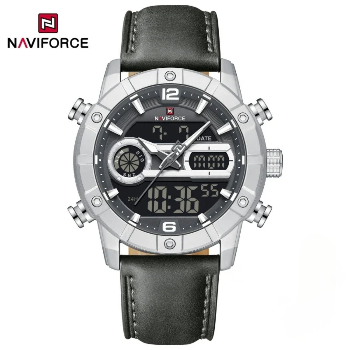 Naviforce Reloj Analógico Digital Negro Gris con Correa de Cuero Genuino, Diámetro de 45 mm y Resistencia al Agua 3 ATM