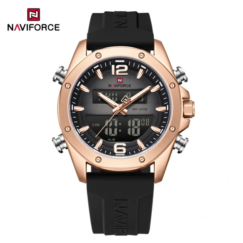 Naviforce Reloj Analógico Digital Negro Rosa con Correa de Sílice Diámetro de 44 mm y Resistencia al Agua 3 ATM