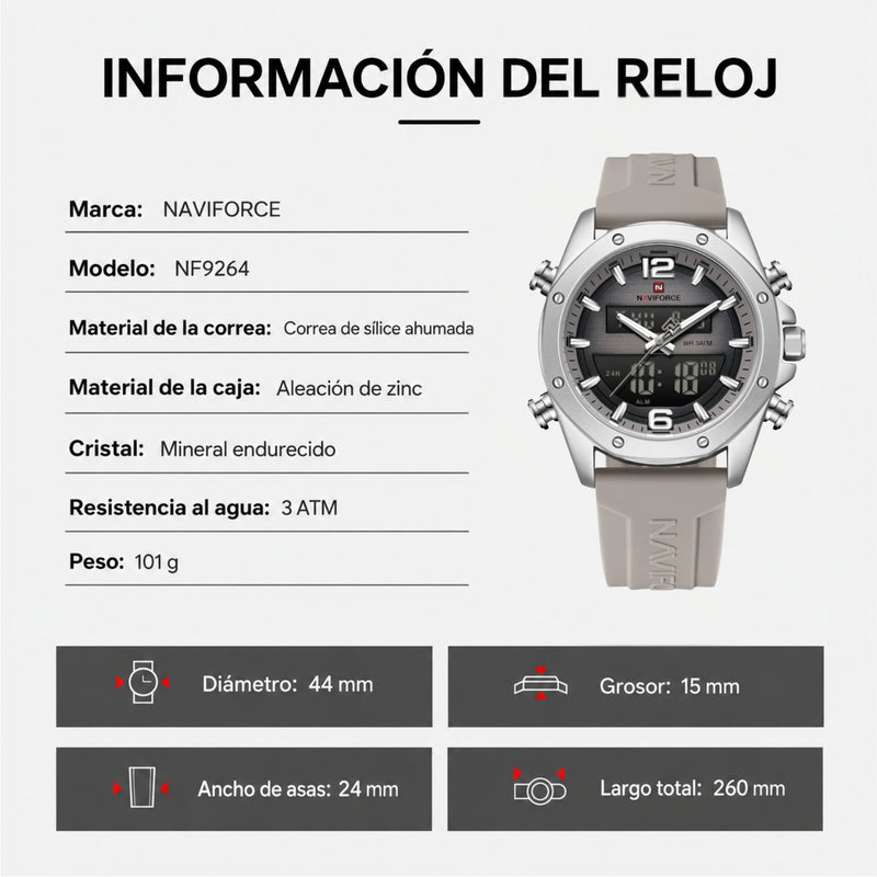 Naviforce Reloj Analógico Digital Beige con Correa de Sílice Diámetro de 44 mm y Resistencia al Agua 3 ATM