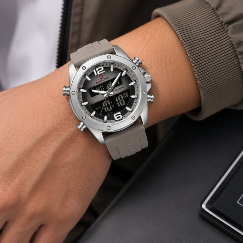 Naviforce Reloj Analógico Digital Beige con Correa de Sílice Diámetro de 44 mm y Resistencia al Agua 3 ATM