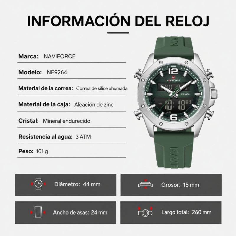 Naviforce Reloj Analógico Digital Verde con Correa de Sílice Diámetro de 44 mm y Resistencia al Agua 3 ATM