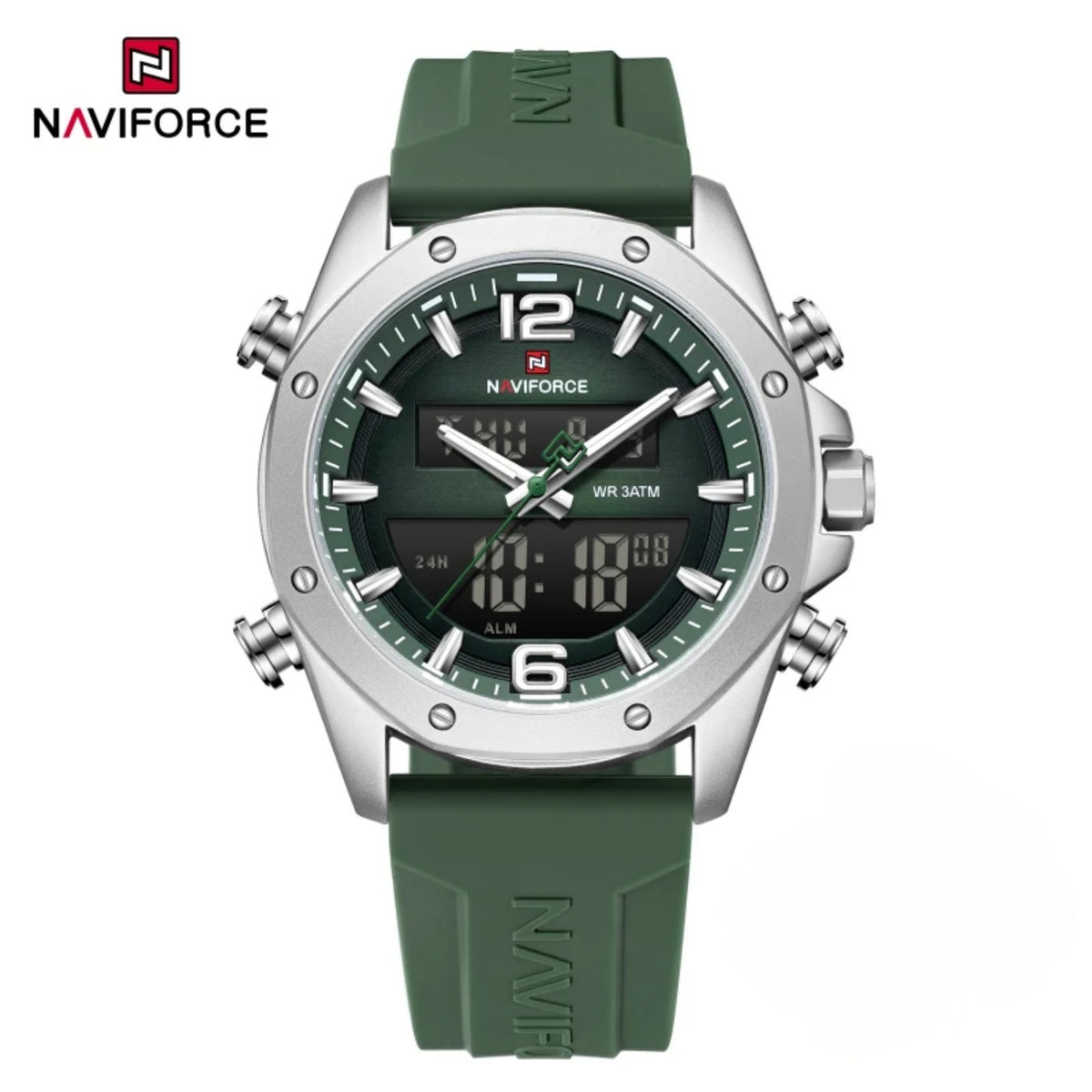 Naviforce Reloj Analógico Digital Verde con Correa de Sílice Diámetro de 44 mm y Resistencia al Agua 3 ATM