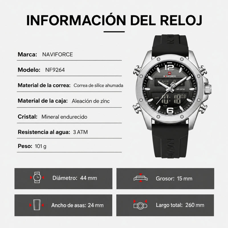 Naviforce Reloj Analógico Digital Negro Gris con Correa de Sílice Diámetro de 44 mm y Resistencia al Agua 3 ATM