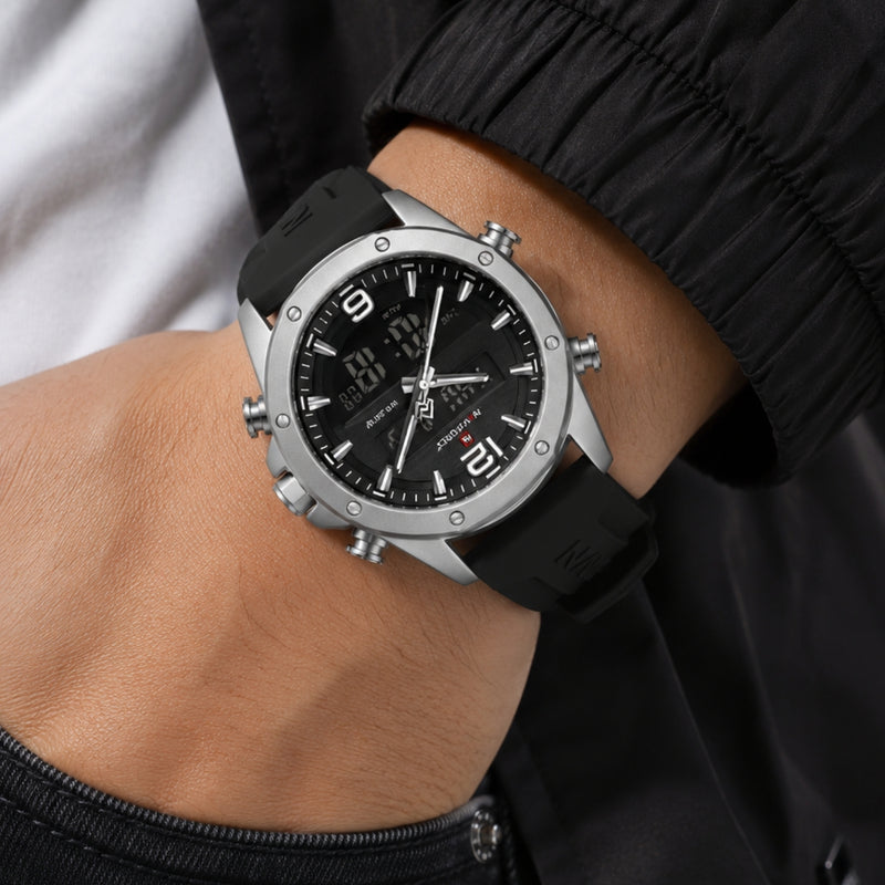 Naviforce Reloj Analógico Digital Negro Gris con Correa de Sílice Diámetro de 44 mm y Resistencia al Agua 3 ATM