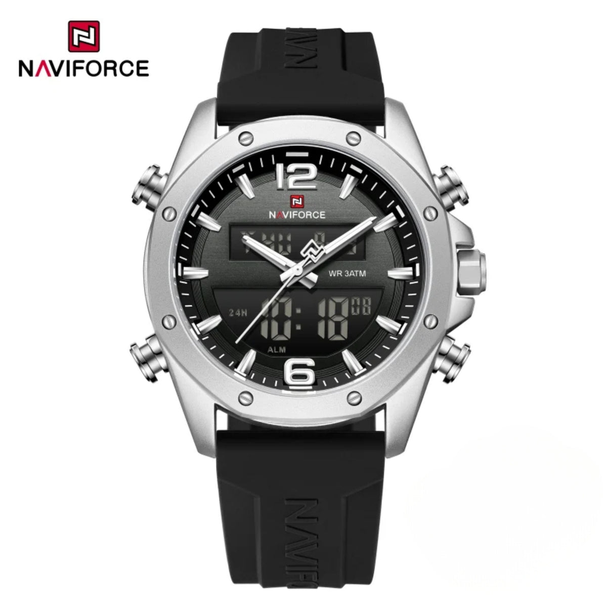 Naviforce Reloj Analógico Digital Negro Gris con Correa de Sílice Diámetro de 44 mm y Resistencia al Agua 3 ATM