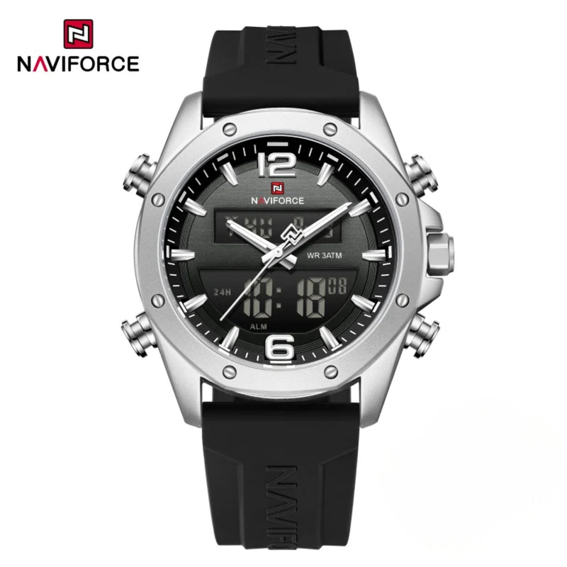 Naviforce Reloj Analógico Digital Negro Gris con Correa de Sílice Diámetro de 44 mm y Resistencia al Agua 3 ATM