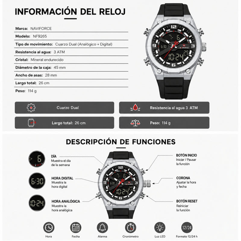Naviforce Reloj Analógico Digital Negro Plateado con Correa de Sílice, Diámetro de 45 mm y Resistencia al Agua 3 ATM