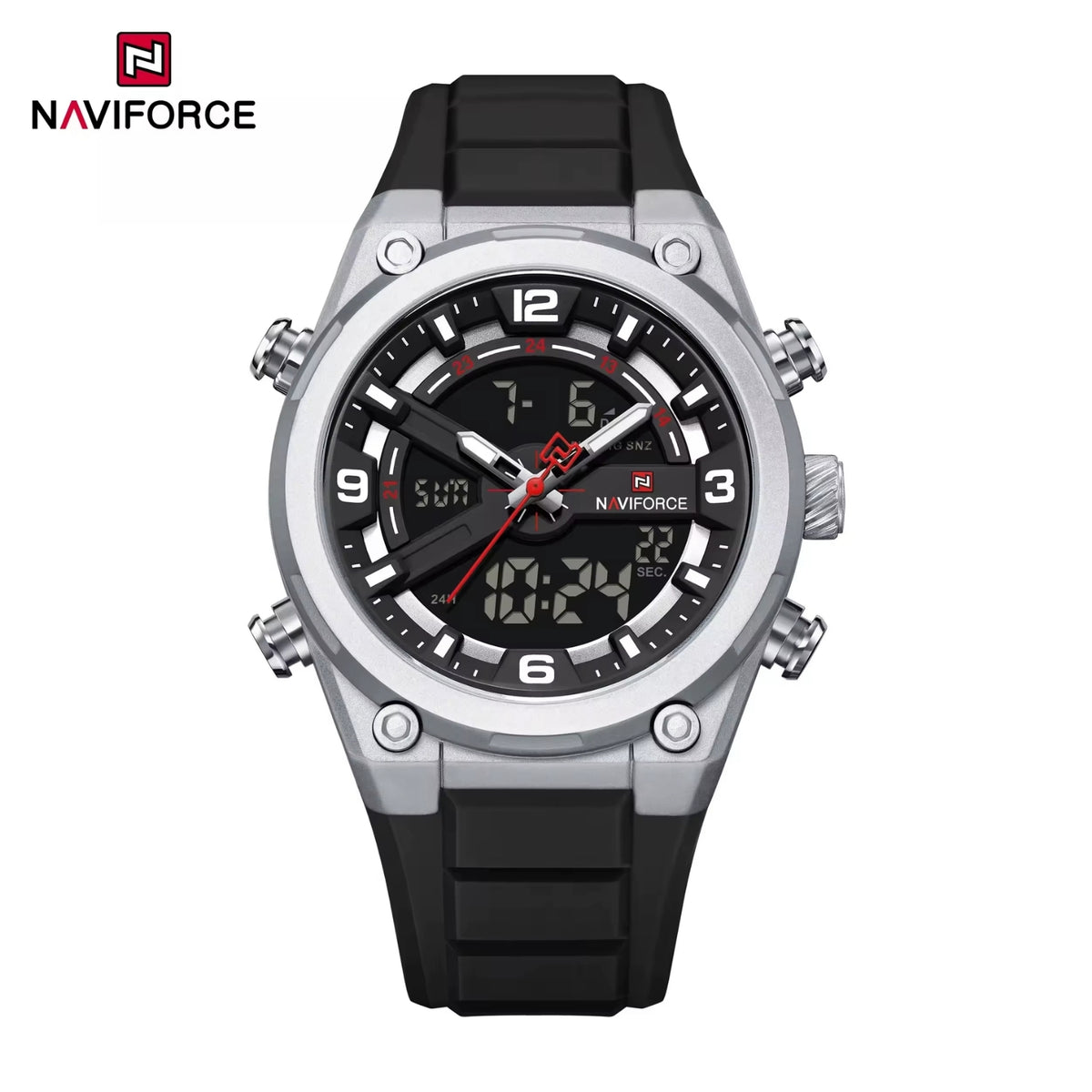 Naviforce Reloj Analógico Digital Negro Plateado con Correa de Sílice, Diámetro de 45 mm y Resistencia al Agua 3 ATM
