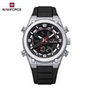 Naviforce Reloj Analógico Digital Negro Plateado con Correa de Sílice, Diámetro de 45 mm y Resistencia al Agua 3 ATM