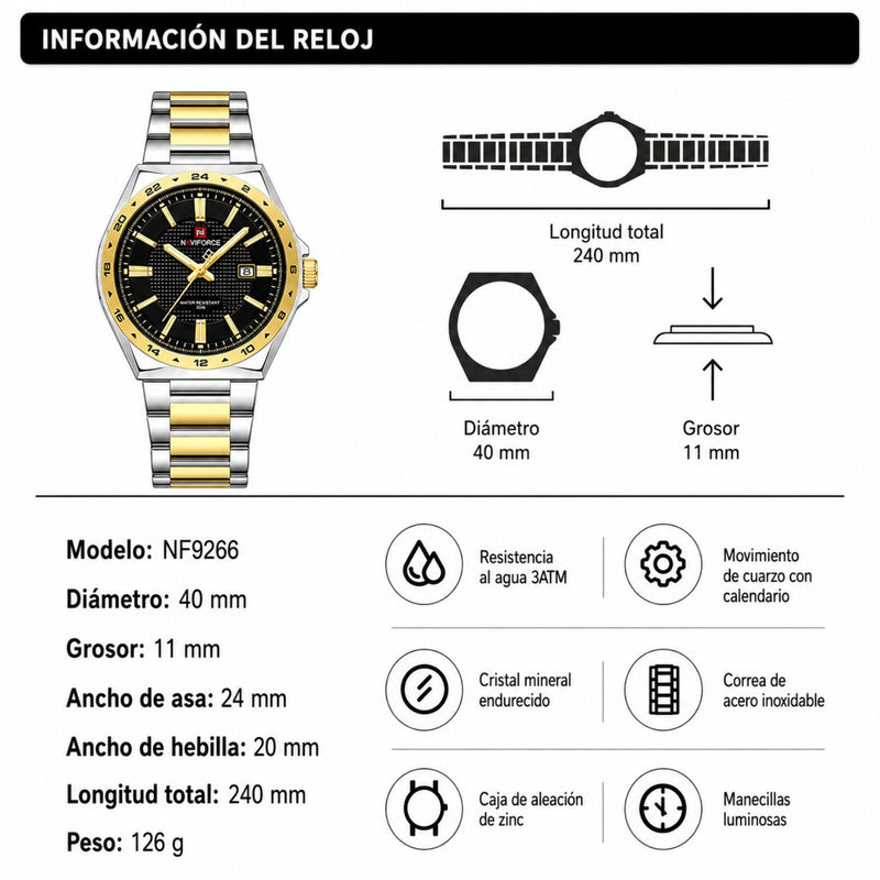 Naviforce Reloj Analógico Dorado Plateado con Correa de Acero Inoxidable, Diámetro de 40 mm y Resistencia al Agua 3 ATM
