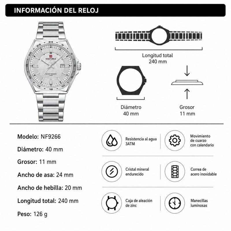 Naviforce Reloj Analógico Plateado con Correa de Acero Inoxidable, Diámetro de 40 mm y Resistencia al Agua 3 ATM
