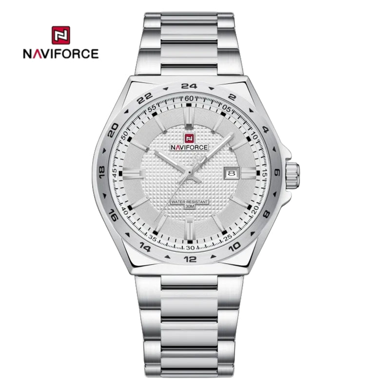Naviforce Reloj Analógico Plateado con Correa de Acero Inoxidable, Diámetro de 40 mm y Resistencia al Agua 3 ATM