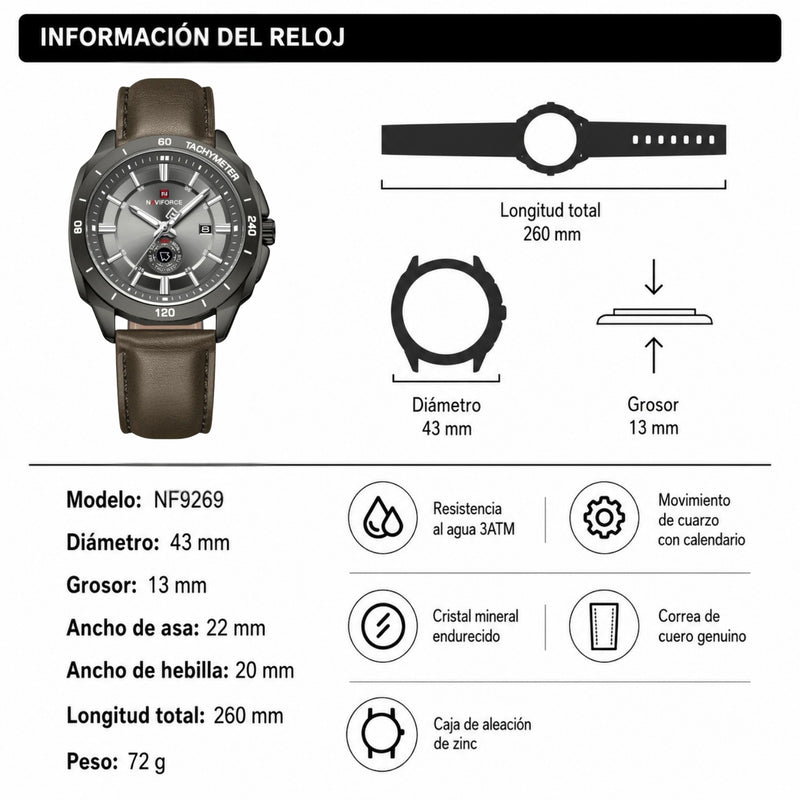 Naviforce Reloj Analógico Chocolate con Correa de Cuero Genuino, Diámetro de 43 mm y Resistencia al Agua 3 ATM