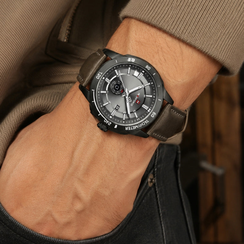 Naviforce Reloj Analógico Chocolate con Correa de Cuero Genuino, Diámetro de 43 mm y Resistencia al Agua 3 ATM