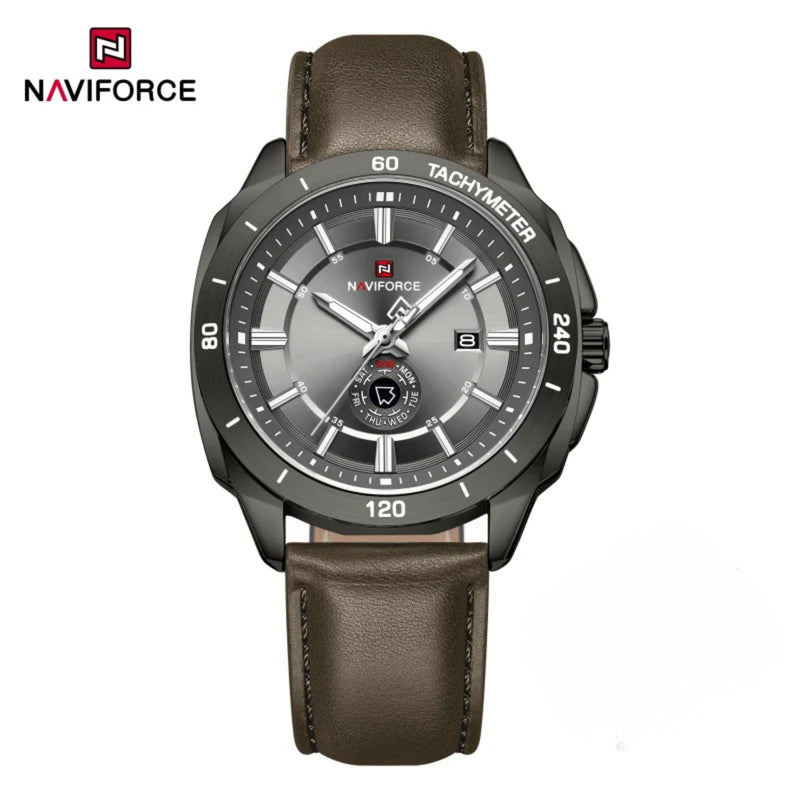 Naviforce Reloj Analógico Chocolate con Correa de Cuero Genuino, Diámetro de 43 mm y Resistencia al Agua 3 ATM