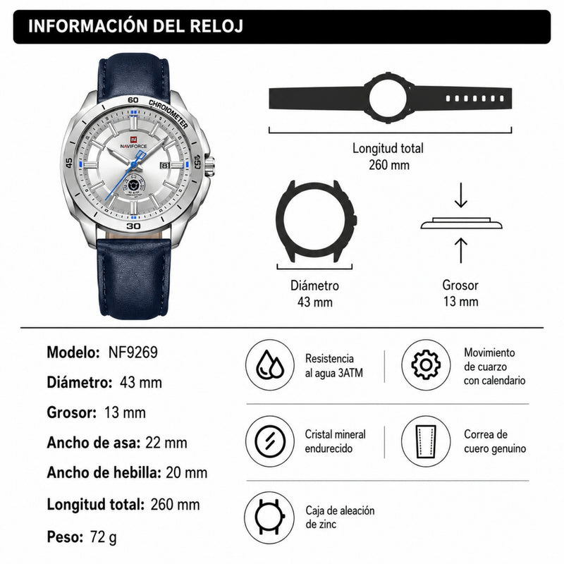 Naviforce Reloj Analógico Azul con Correa de Cuero Genuino, Diámetro de 43 mm y Resistencia al Agua 3 ATM