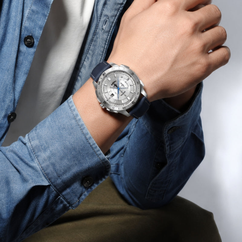 Naviforce Reloj Analógico Azul con Correa de Cuero Genuino, Diámetro de 43 mm y Resistencia al Agua 3 ATM