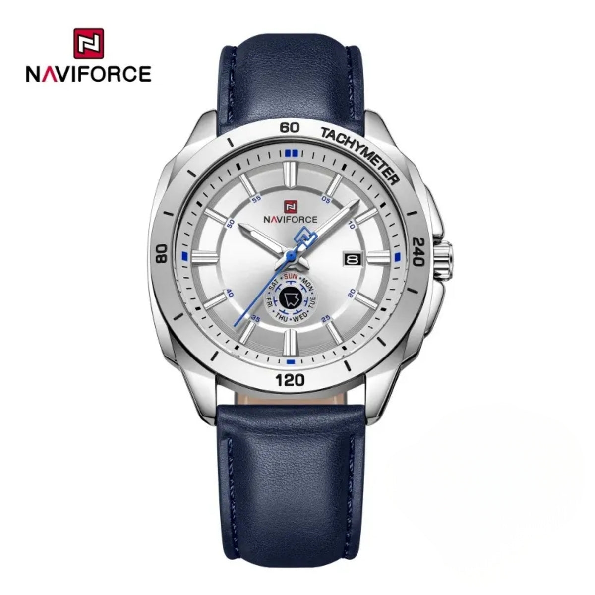 Naviforce Reloj Analógico Azul con Correa de Cuero Genuino, Diámetro de 43 mm y Resistencia al Agua 3 ATM