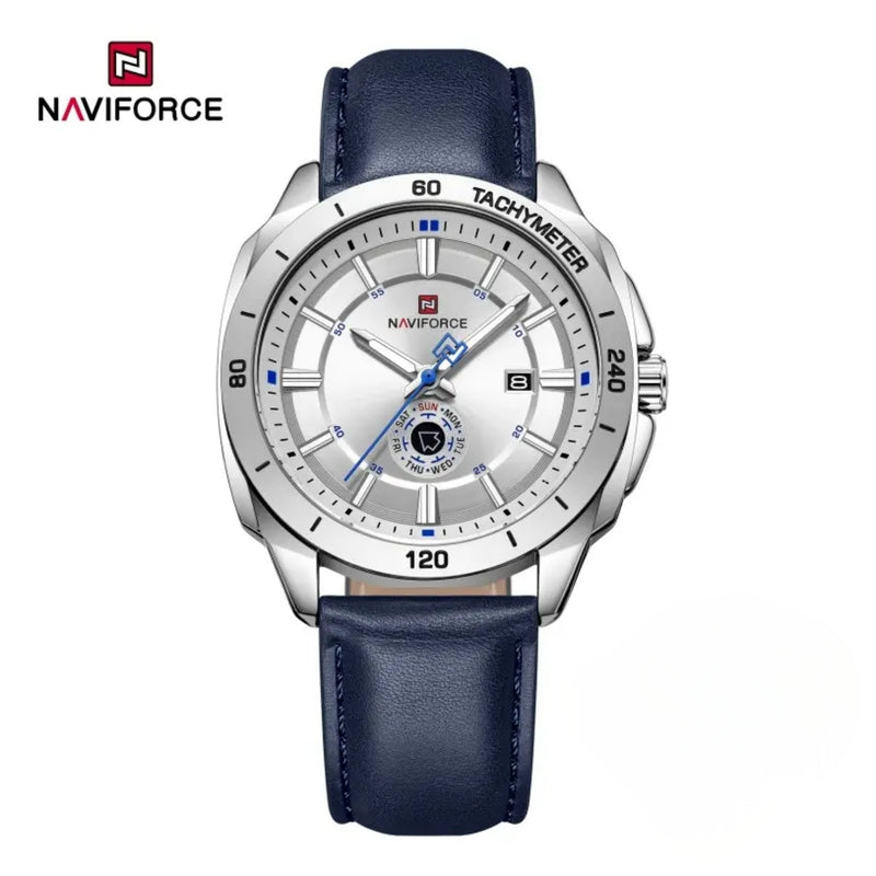 Naviforce Reloj Analógico Azul con Correa de Cuero Genuino, Diámetro de 43 mm y Resistencia al Agua 3 ATM