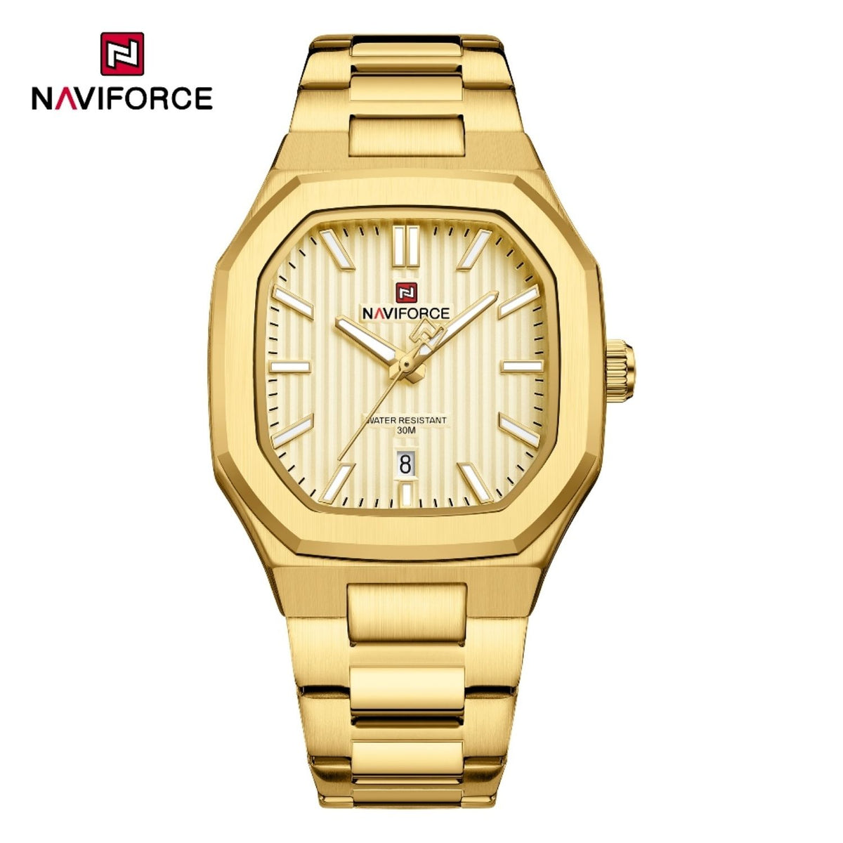 Naviforce Reloj de Cuarzo Color Dorado de Acero Inoxidable con Pantalla de Vidrio, Movimiento Japonés y Calendario.