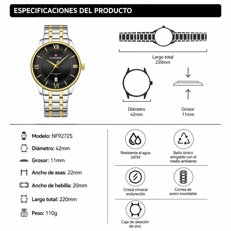 Naviforce Reloj Analógico Dorado Plateado con Correa de Acero Inoxidable Diámetro de 42 mm Calendario y Resistencia al Agua 3 ATM