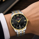 Naviforce Reloj Analógico Dorado Plateado con Correa de Acero Inoxidable Diámetro de 42 mm Calendario y Resistencia al Agua 3 ATM